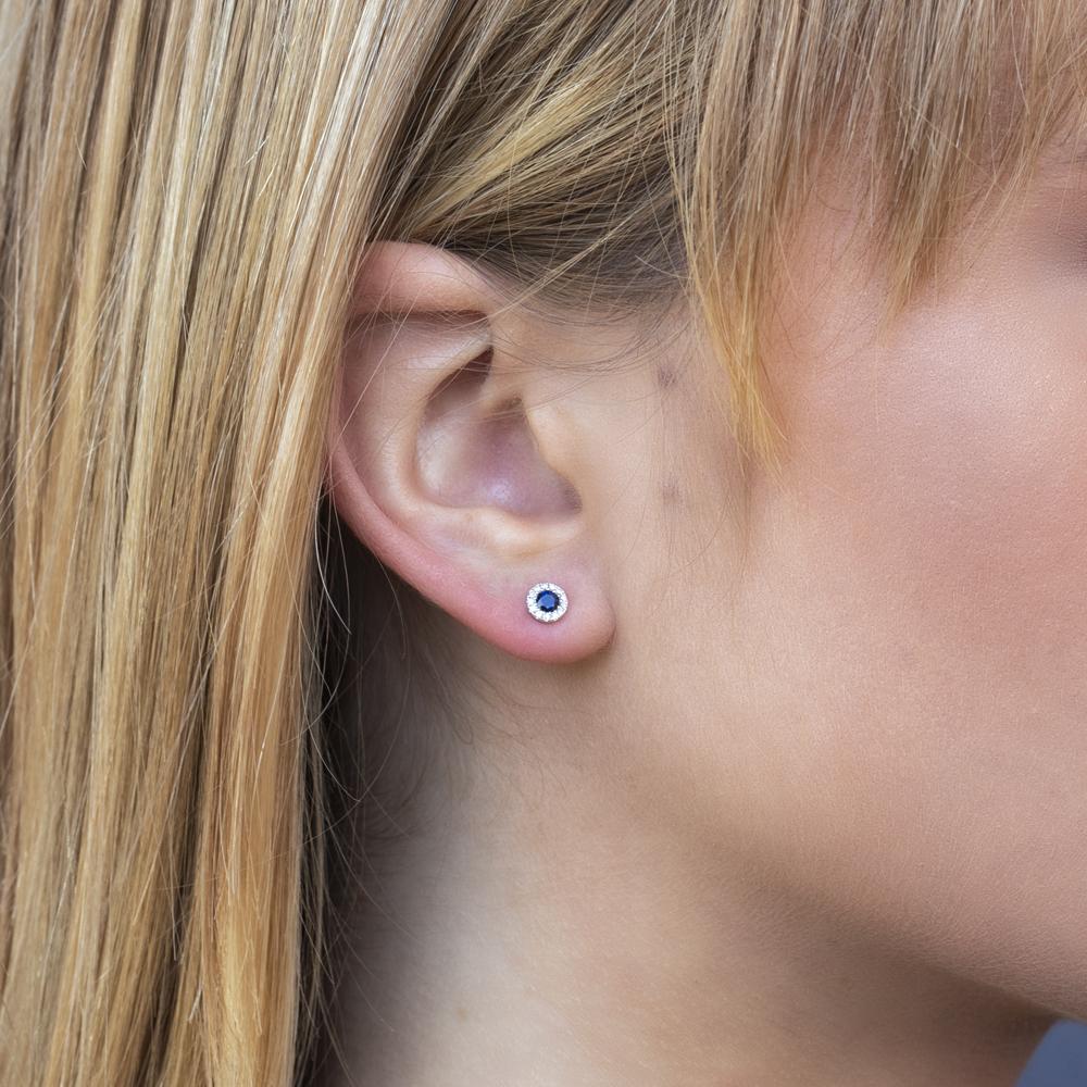 Tiny Sapphire & Diamond Halo Stud Earrings - Image 3